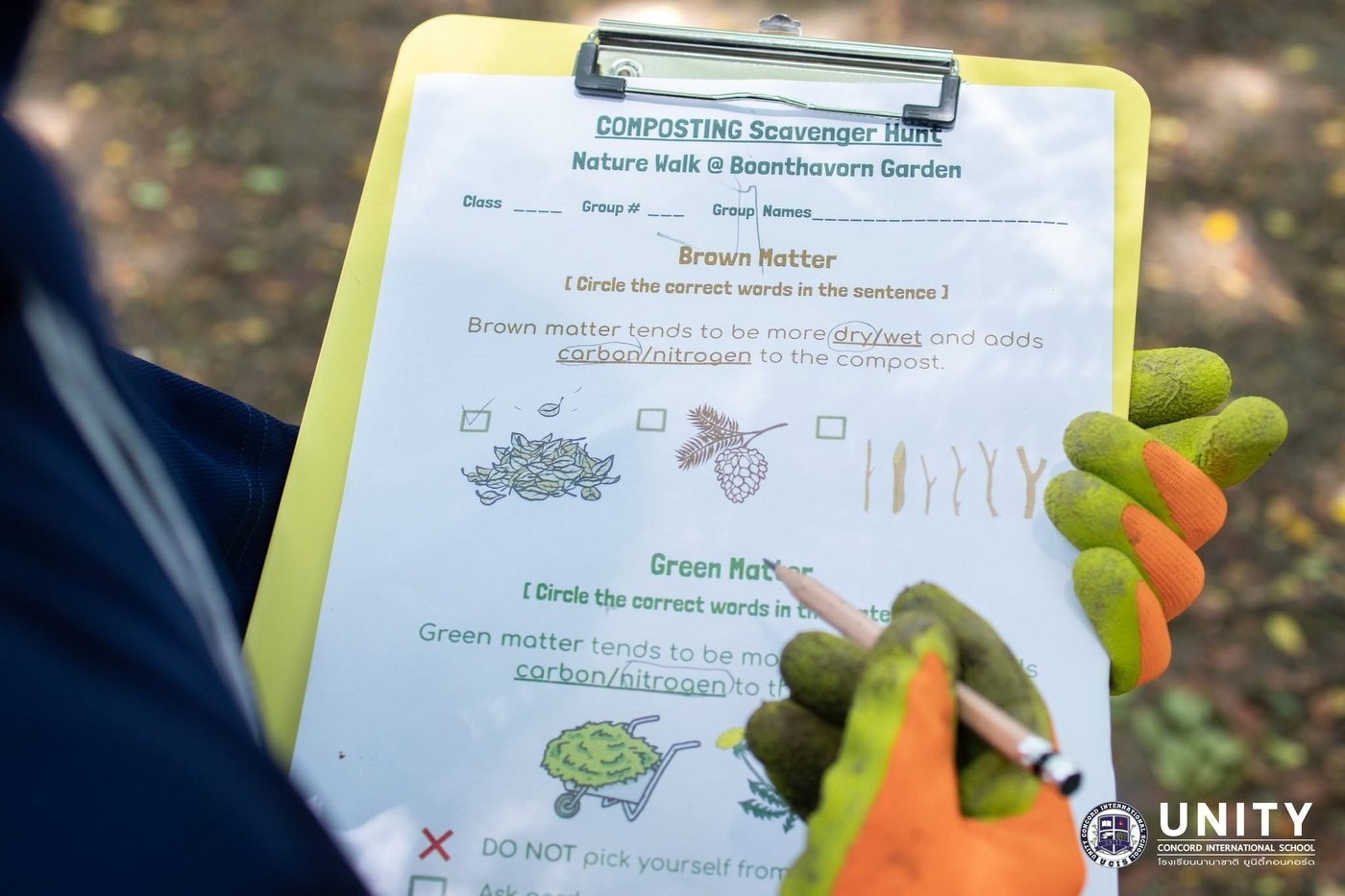 Composting scavenger hunt worksheet on a nature walk, identifying brown and green matter