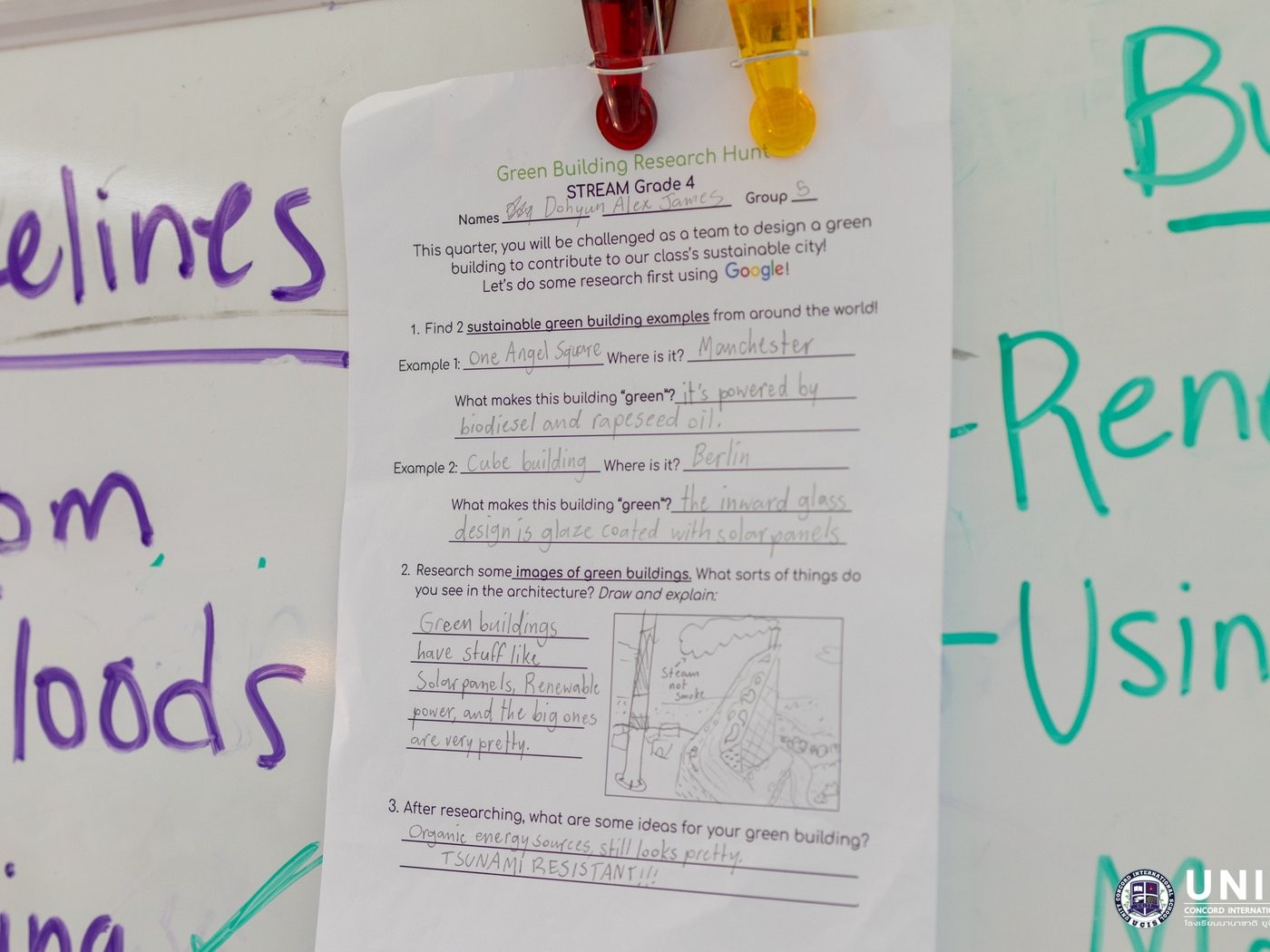 Completed Green Building Research Hunt worksheet naming real-world green buildings and what makes them sustainable