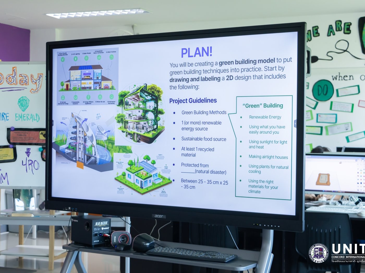Slide outlining the green building model project guidelines: renewable energy, sustainable food source, recycled materials, and disaster resistance