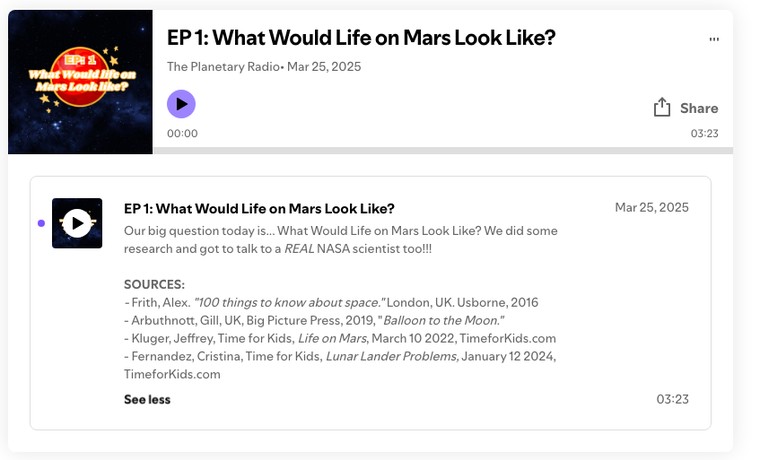 Student podcast episode published in Soundtrap EDU, titled What Would Life on Mars Look Like