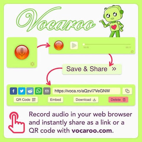 The Vocaroo website interface for recording and sharing audio