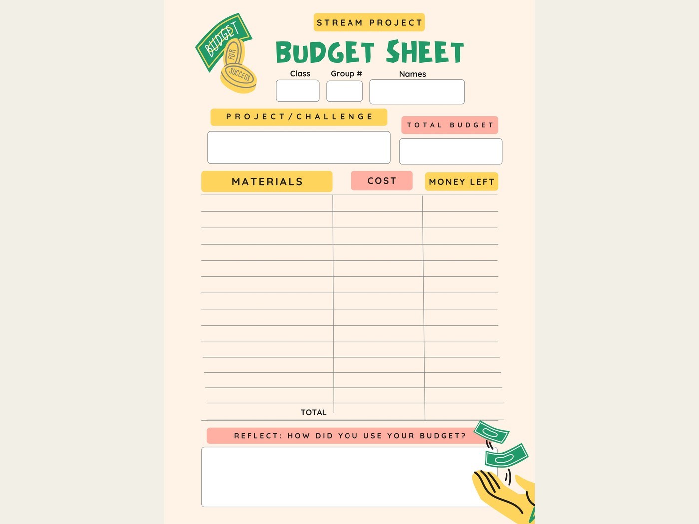Materials budget worksheet students used to plan spending before shopping for supplies