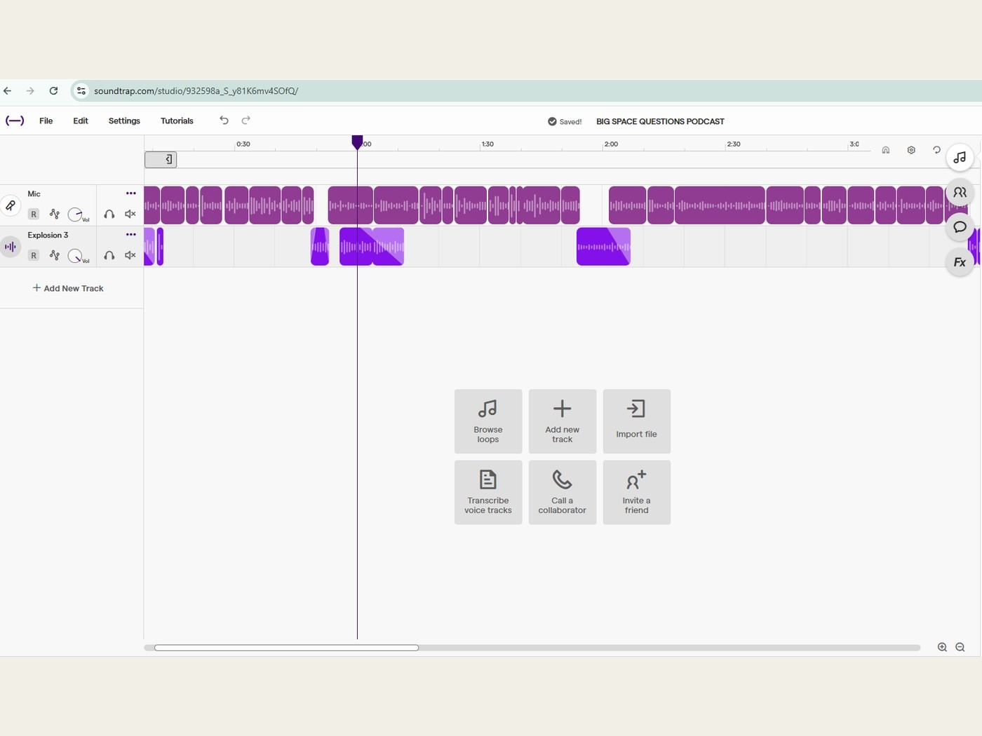 Soundtrap Education studio timeline showing the recorded voice and sound-effect tracks for the Big Space Questions podcast episode
