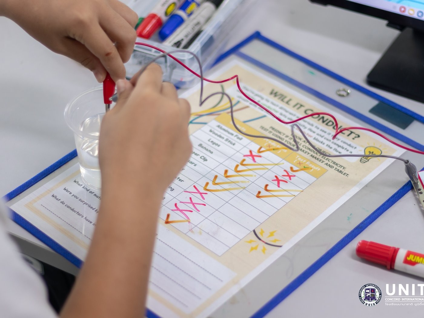 Close-up of a Will It Conduct worksheet as a student tests a cup of water with Makey Makey alligator clips