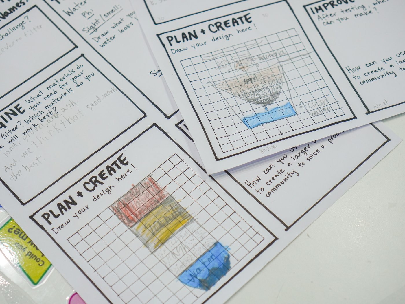 Student engineering-design worksheets sketching biochar-sand-gravel filter layers